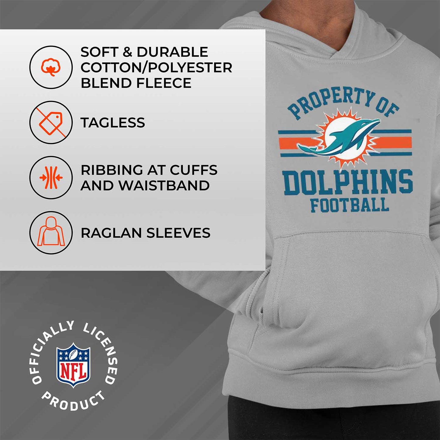 Miami Dolphins NFL Youth Property Of Hooded Sweatshirt - Sport Gray