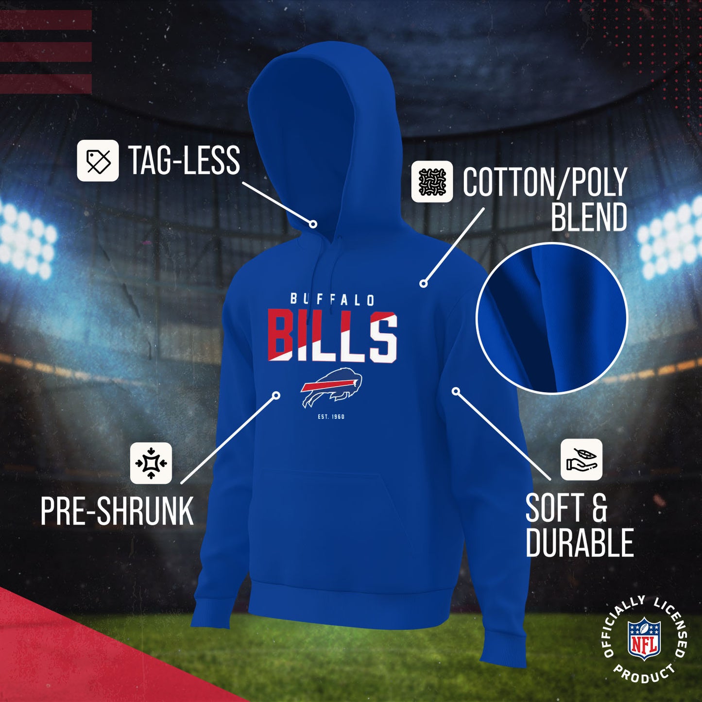 Buffalo Bills Adult NFL Diagonal Fade Fleece Hooded Sweatshirt - Royal