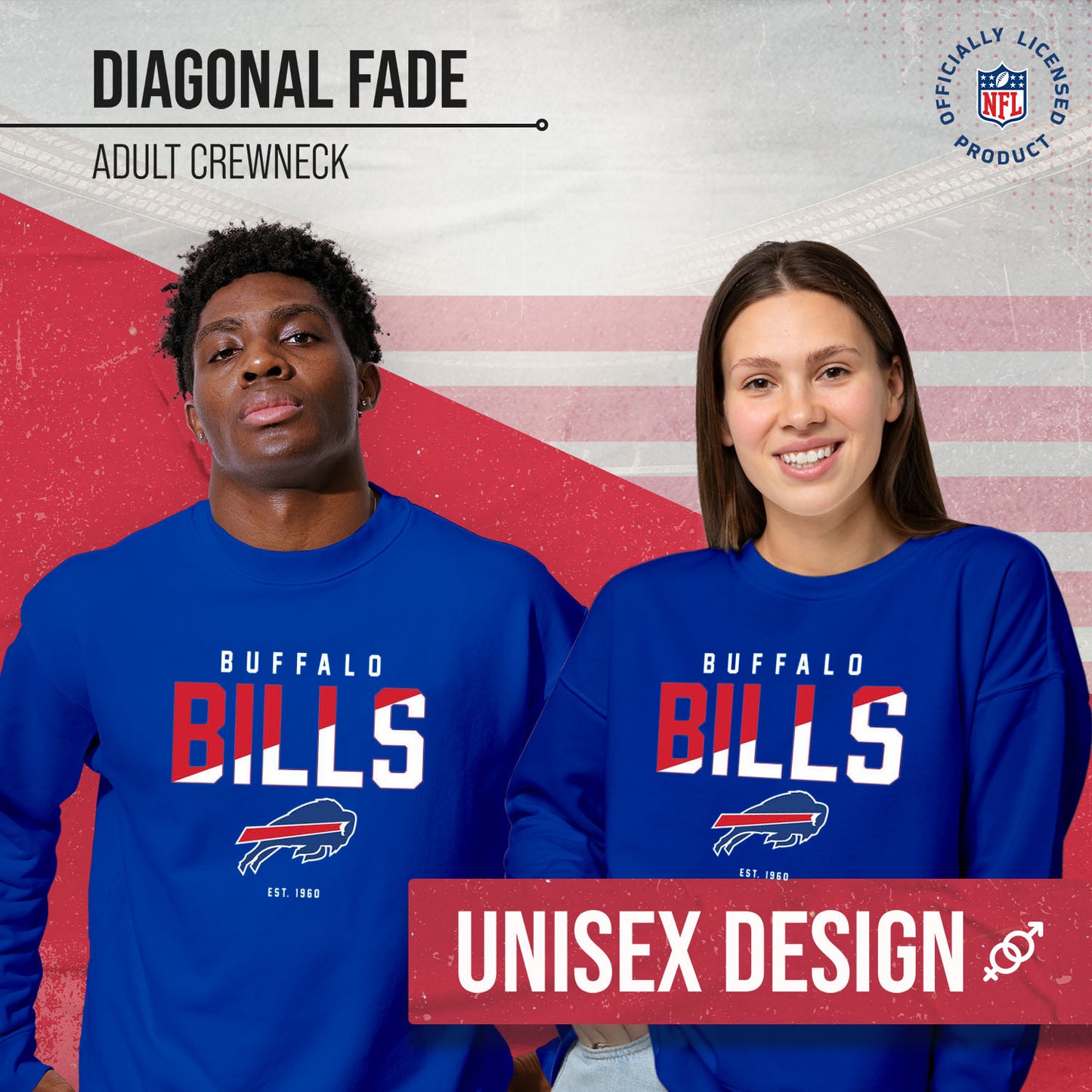 Buffalo Bills Adult NFL Diagonal Fade Color Block Crewneck Sweatshirt - Royal