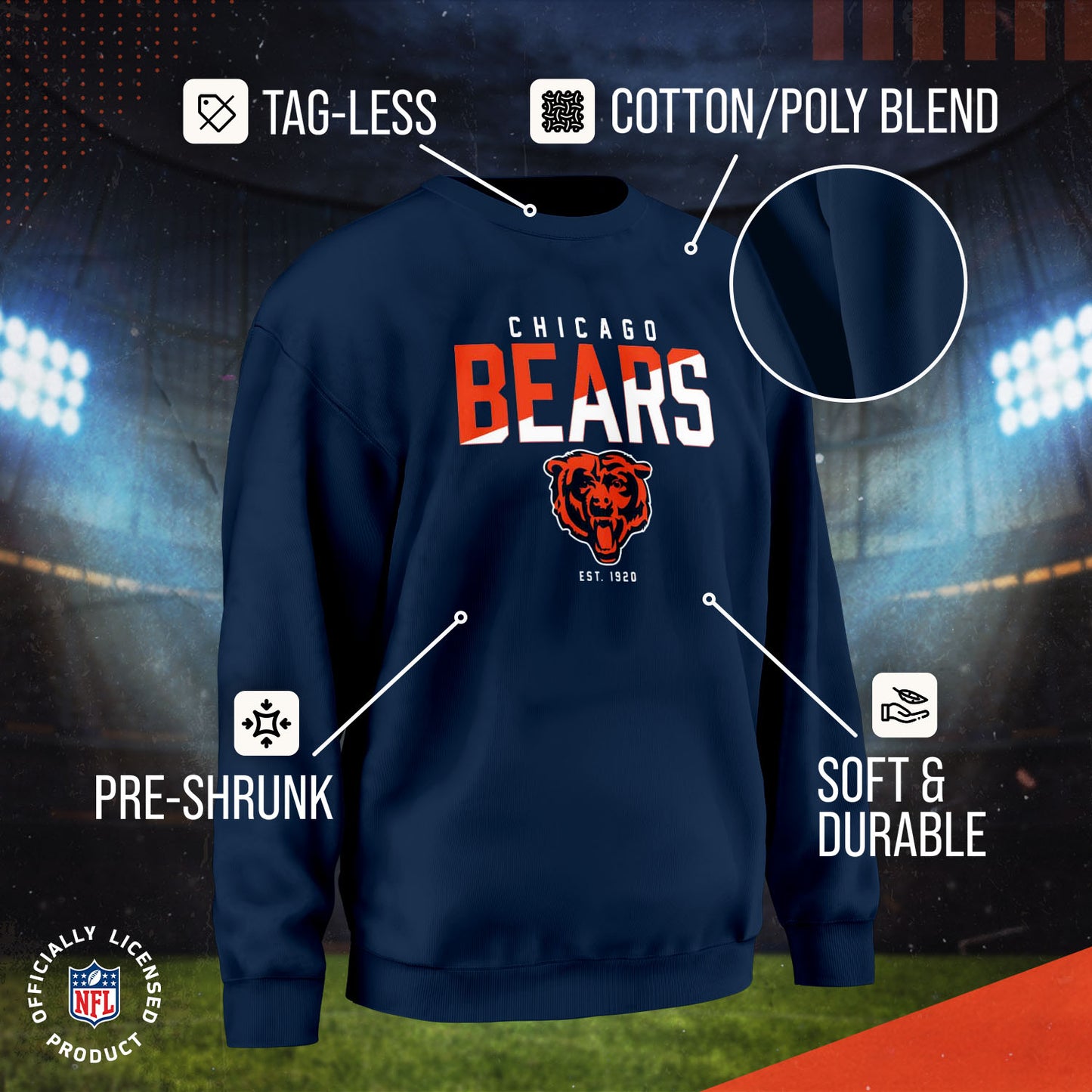 Chicago Bears Adult NFL Diagonal Fade Color Block Crewneck Sweatshirt - Navy