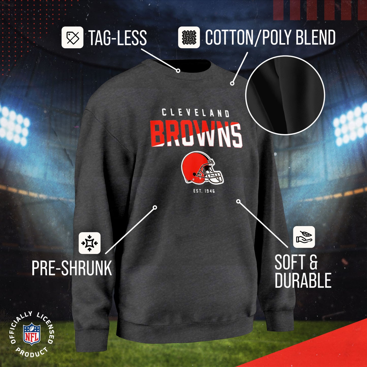 Cleveland Browns Adult NFL Diagonal Fade Color Block Crewneck Sweatshirt - Charcoal