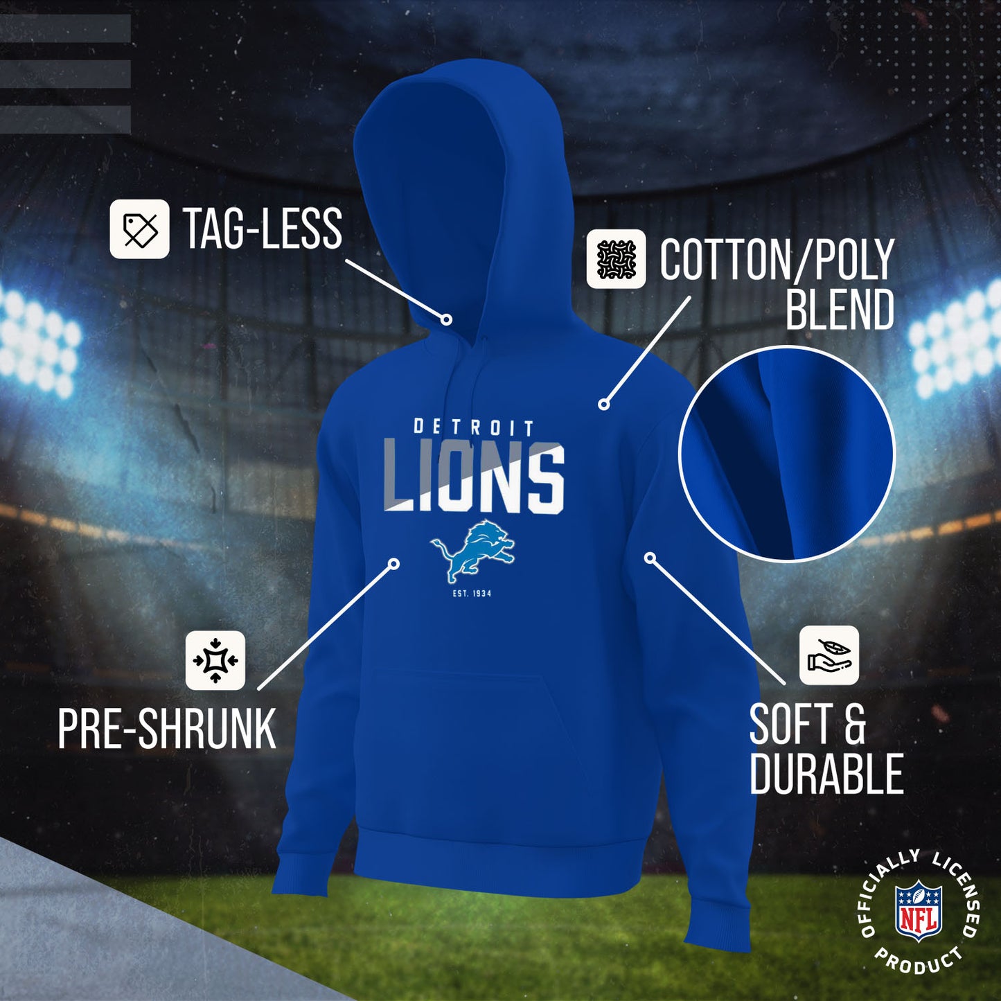 Detroit Lions Adult NFL Diagonal Fade Fleece Hooded Sweatshirt - Royal