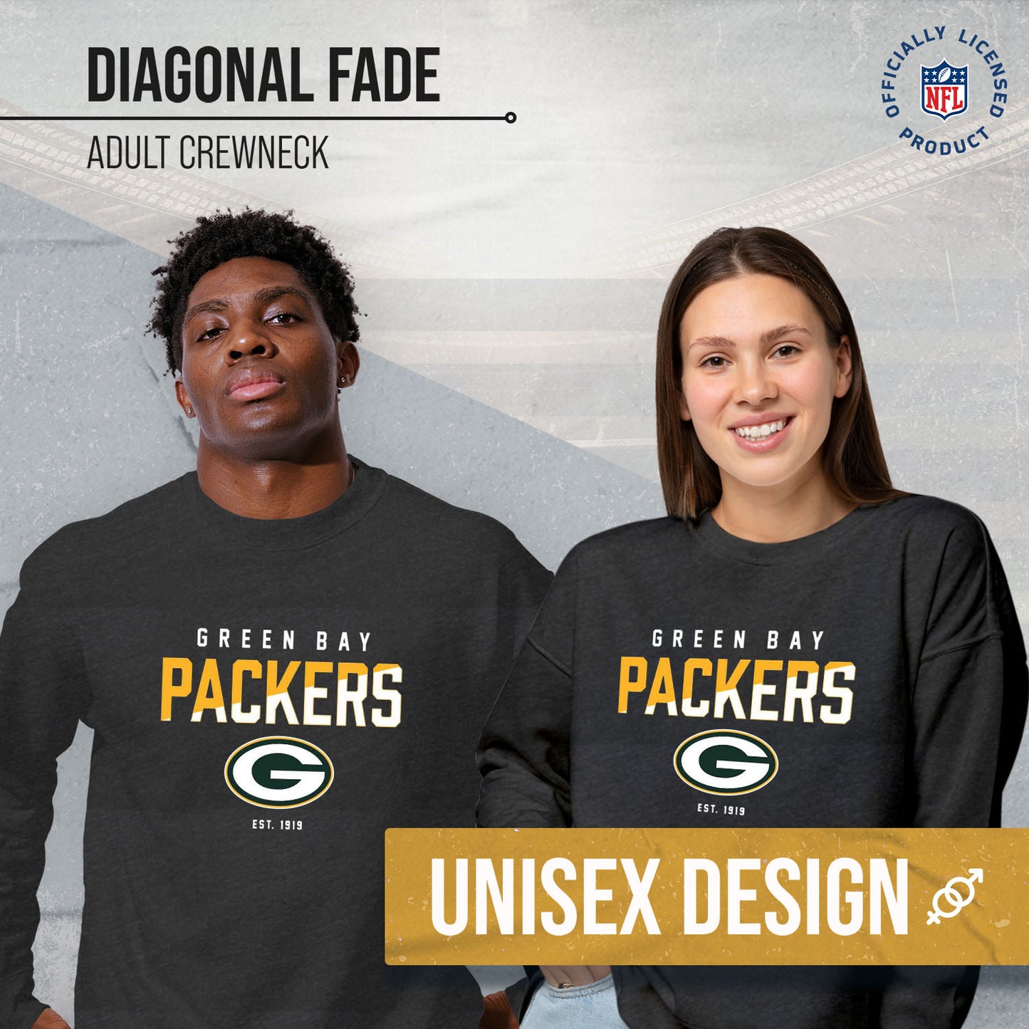 Green Bay Packers Adult NFL Diagonal Fade Color Block Crewneck Sweatshirt - Charcoal