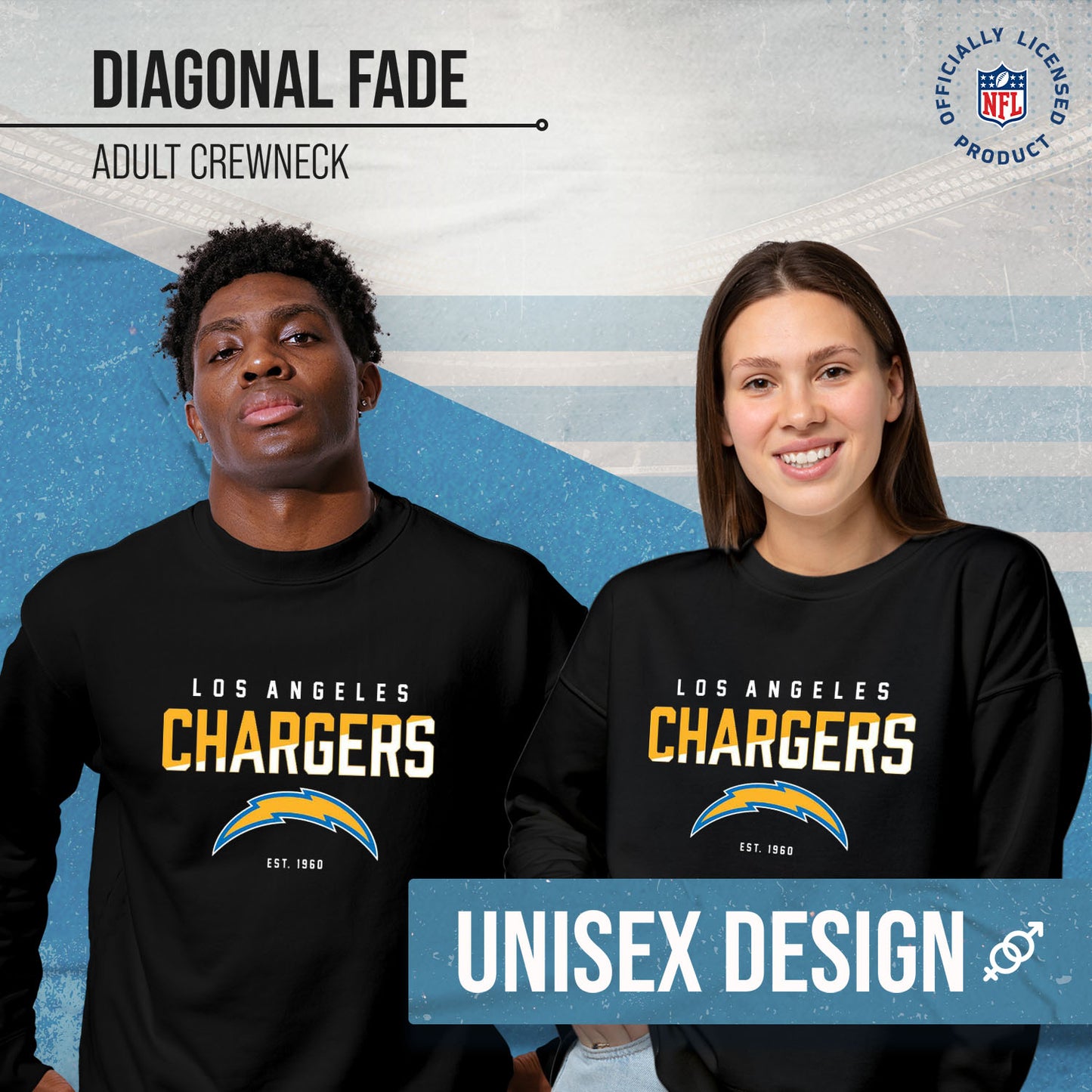 Los Angeles Chargers Adult NFL Diagonal Fade Color Block Crewneck Sweatshirt - Black