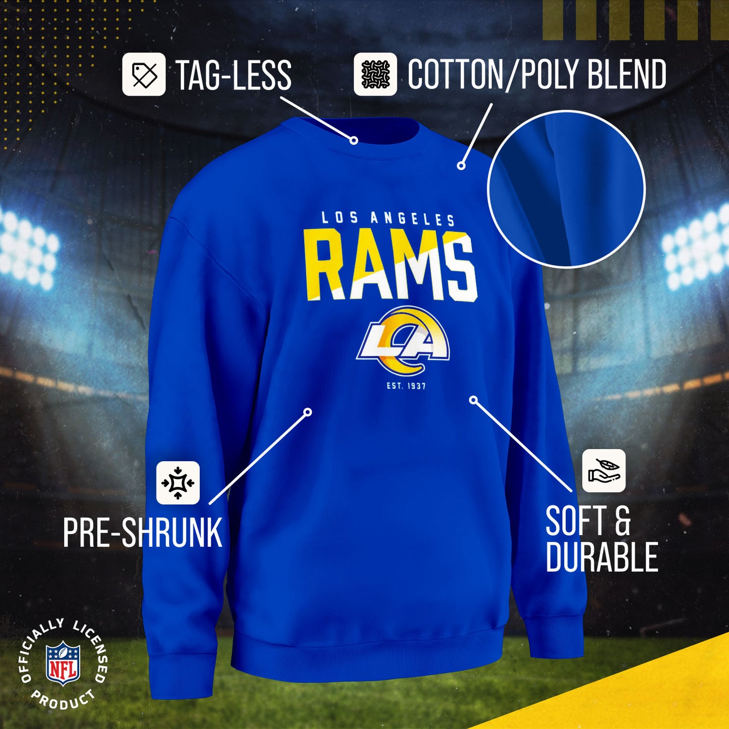 Los Angeles Rams Adult NFL Diagonal Fade Color Block Crewneck Sweatshirt - Royal