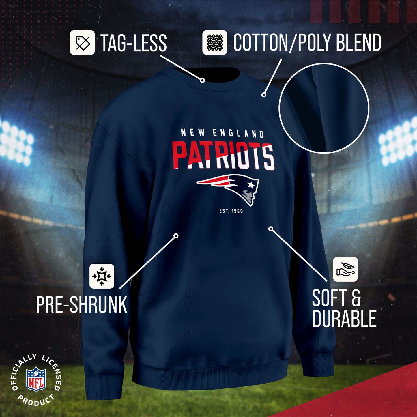 New England Patriots Adult NFL Diagonal Fade Color Block Crewneck Sweatshirt - Navy