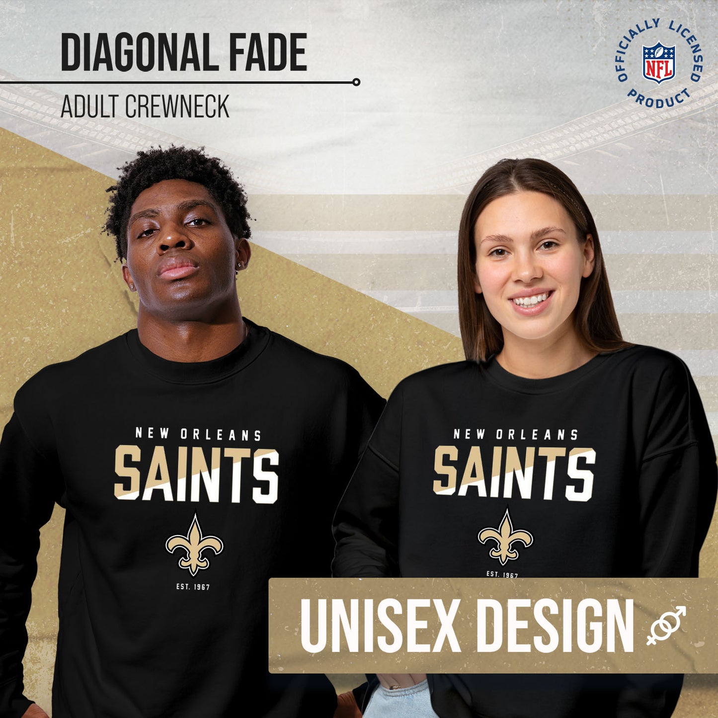 New Orleans Saints Adult NFL Diagonal Fade Color Block Crewneck Sweatshirt - Black