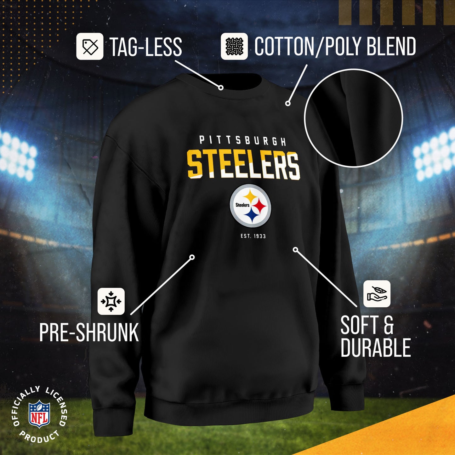 Pittsburgh Steelers Adult NFL Diagonal Fade Color Block Crewneck Sweatshirt - Black