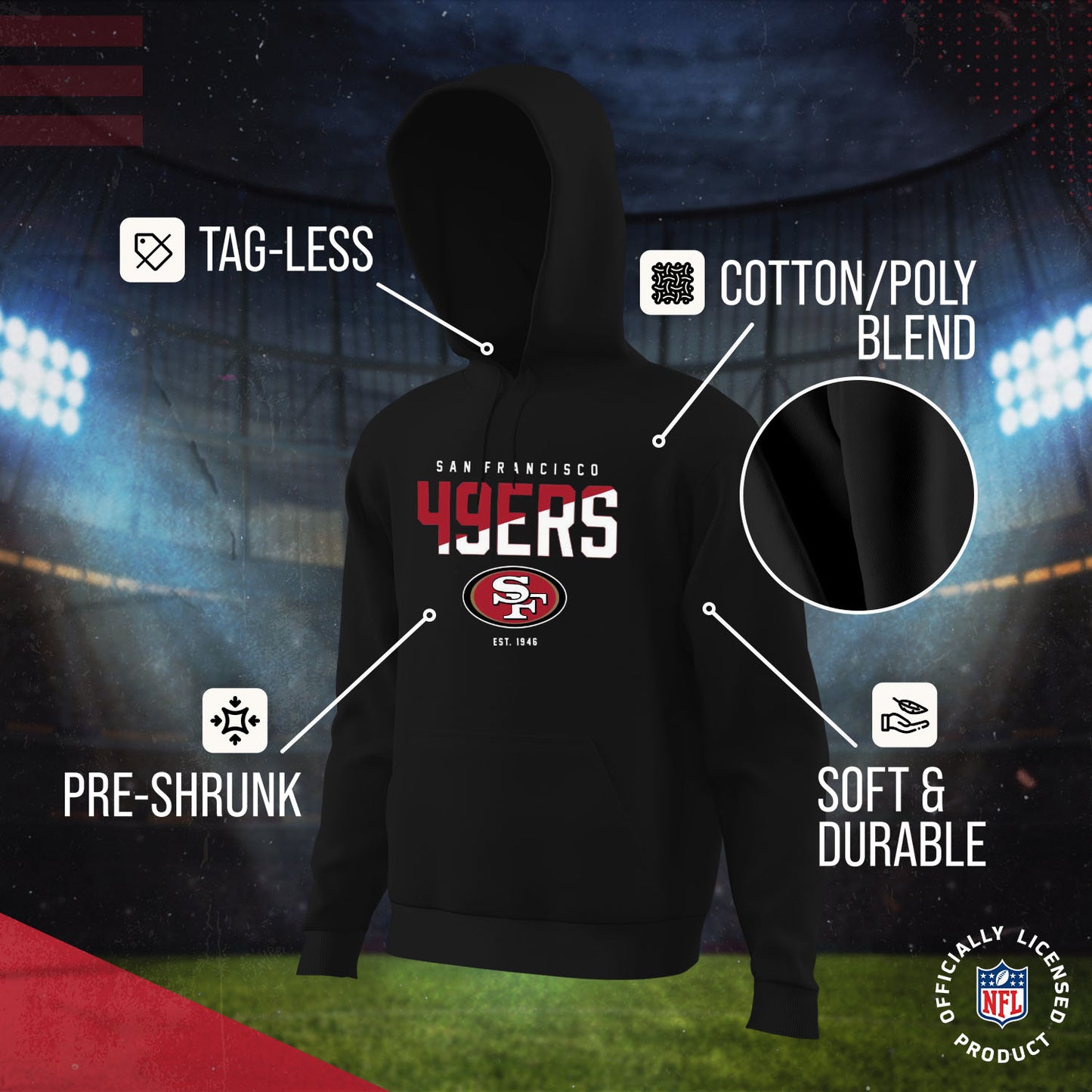 San Francisco 49ers Adult NFL Diagonal Fade Fleece Hooded Sweatshirt - Black