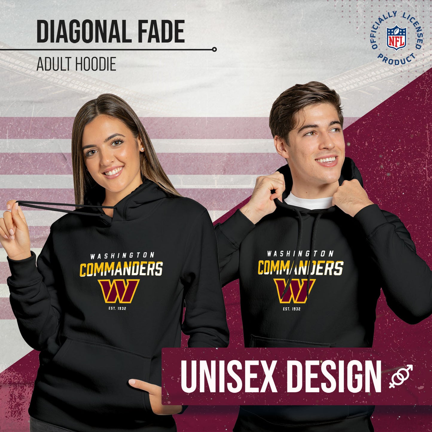 Washington Commanders Adult NFL Diagonal Fade Fleece Hooded Sweatshirt - Black