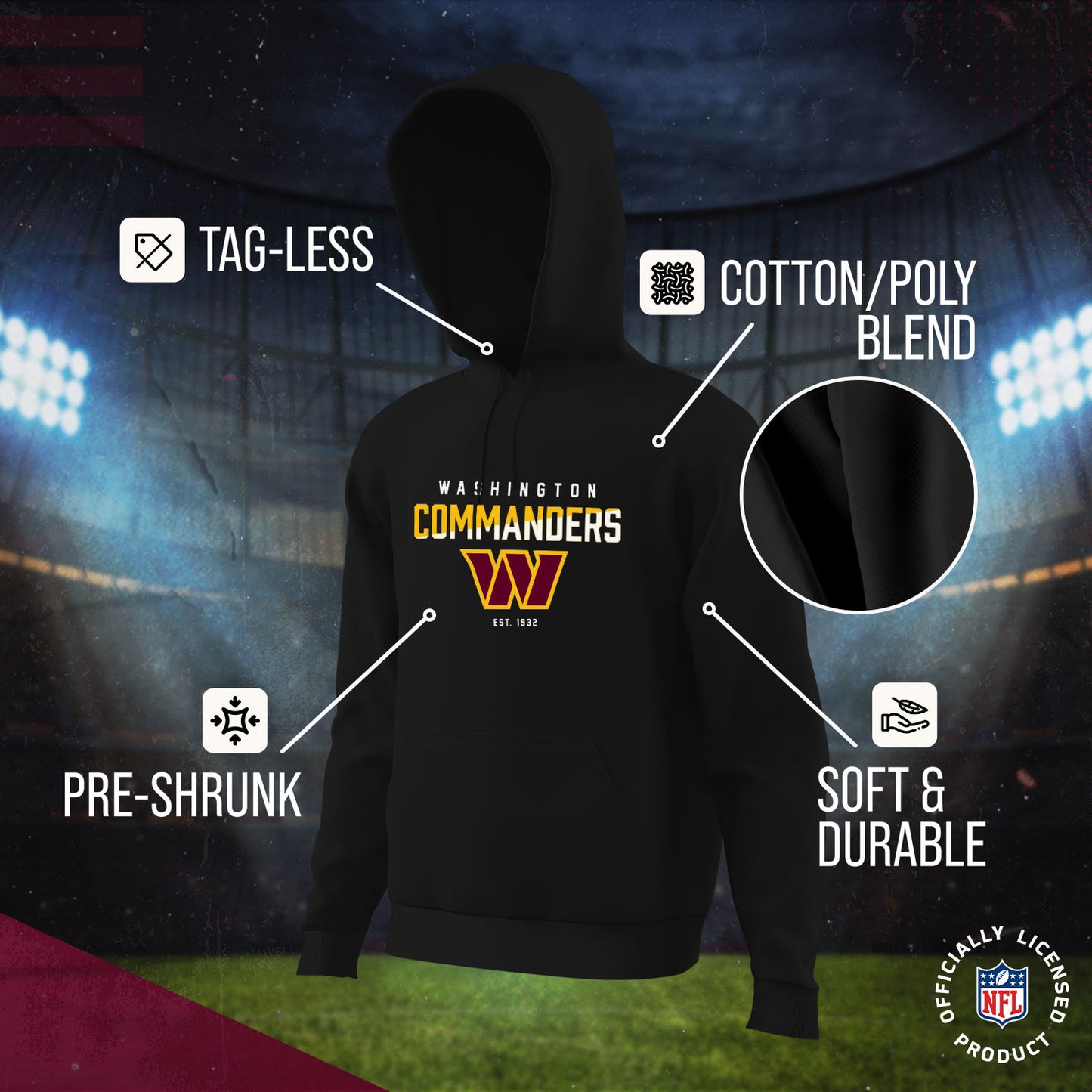 Washington Commanders Adult NFL Diagonal Fade Fleece Hooded Sweatshirt - Black