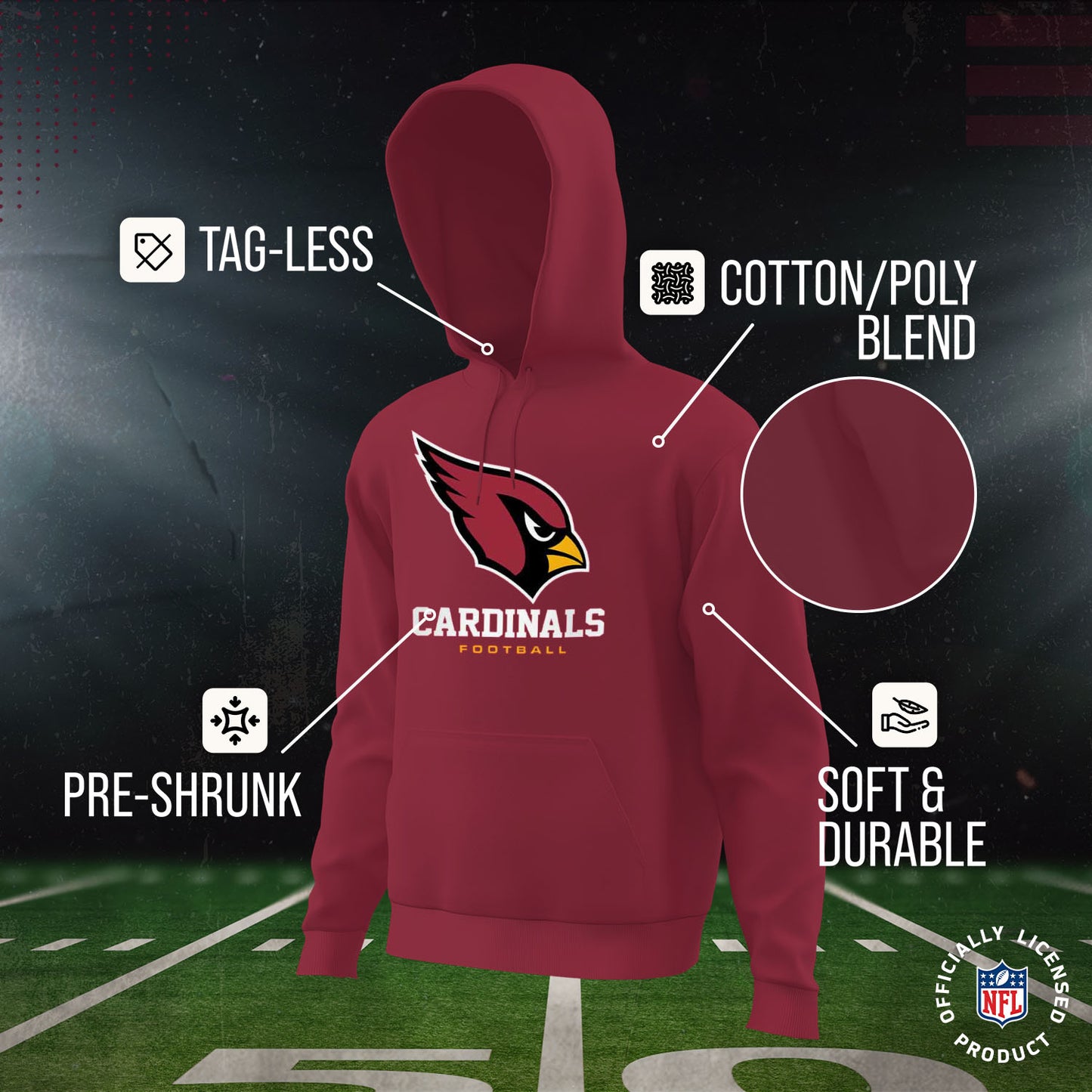 Arizona Cardinals Youth NFL Ultimate Fan Logo Fleece Hooded Sweatshirt -Tagless Football Pullover For Kids - Cardinal