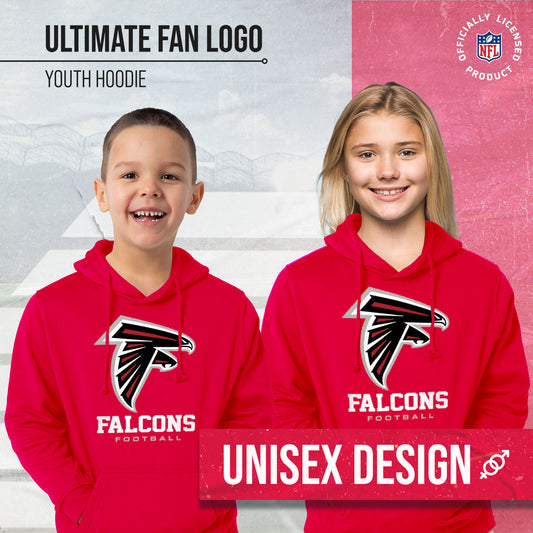 Atlanta Falcons Youth NFL Ultimate Fan Logo Fleece Hooded Sweatshirt -Tagless Football Pullover For Kids - Red