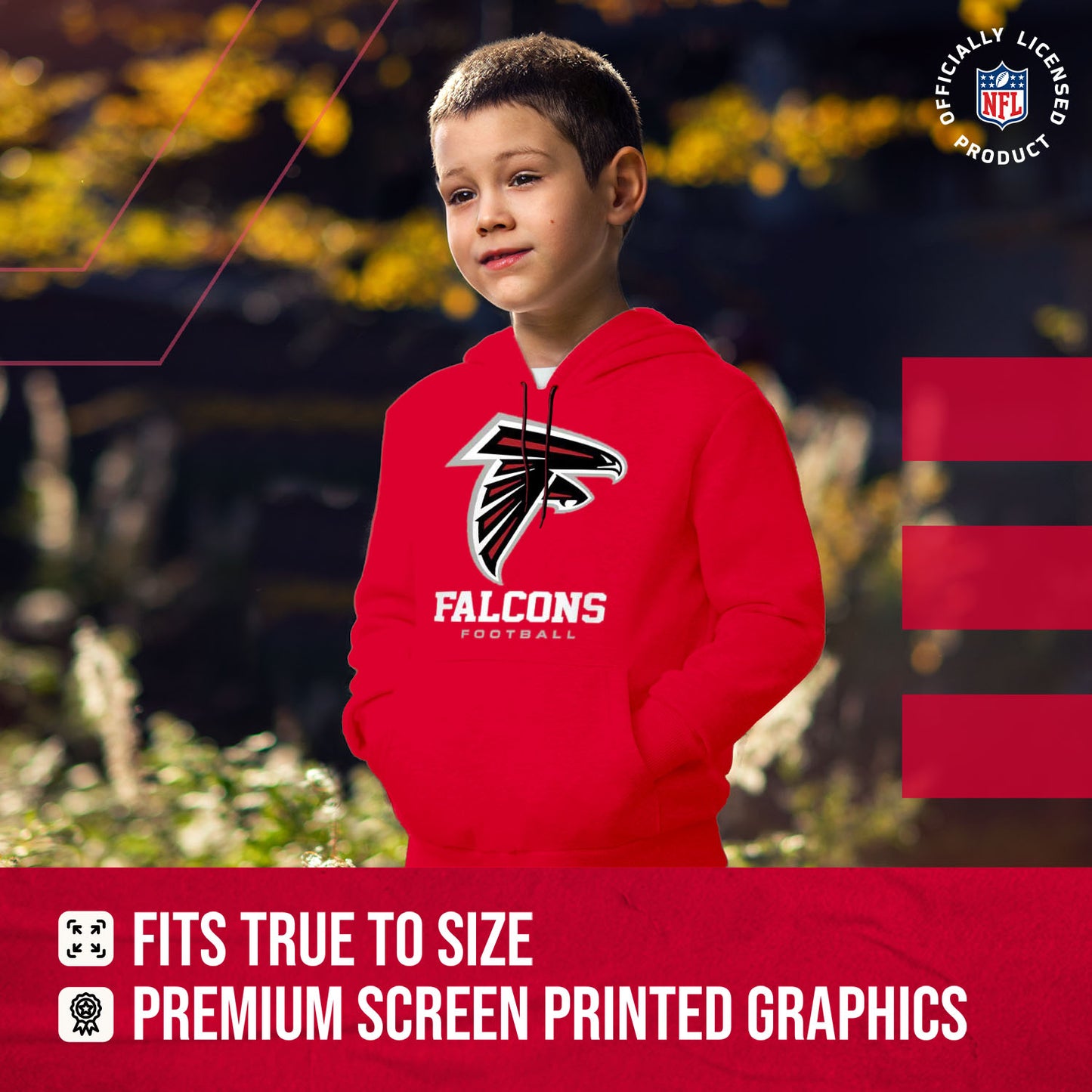 Atlanta Falcons Youth NFL Ultimate Fan Logo Fleece Hooded Sweatshirt -Tagless Football Pullover For Kids - Red