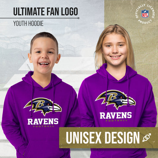 Baltimore Ravens Youth NFL Ultimate Fan Logo Fleece Hooded Sweatshirt -Tagless Football Pullover For Kids - Purple