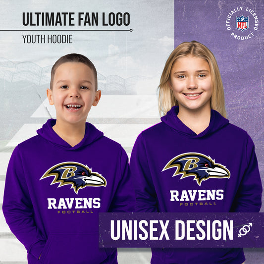 Baltimore Ravens Youth NFL Ultimate Fan Logo Fleece Hooded Sweatshirt -Tagless Football Pullover For Kids - Purple