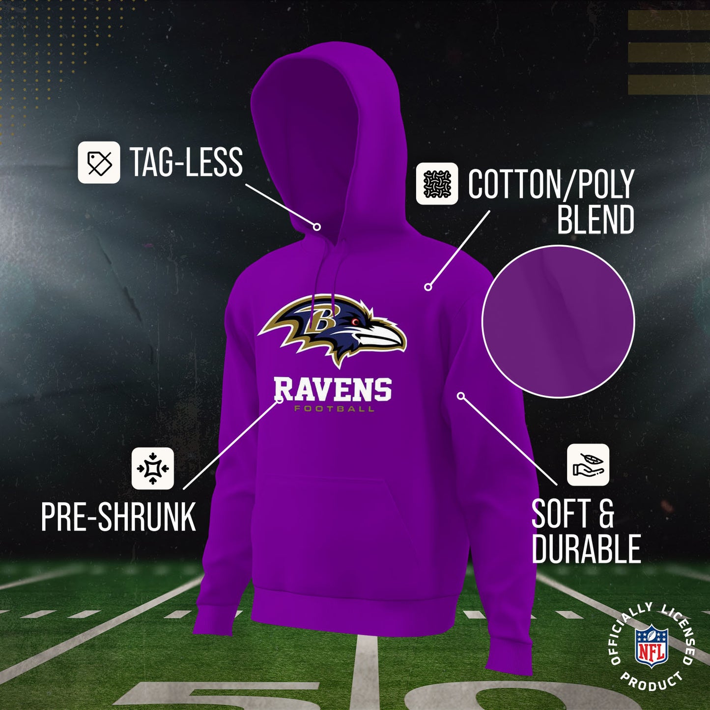 Baltimore Ravens Youth NFL Ultimate Fan Logo Fleece Hooded Sweatshirt -Tagless Football Pullover For Kids - Purple