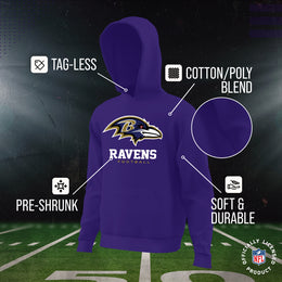 Baltimore Ravens Youth NFL Ultimate Fan Logo Fleece Hooded Sweatshirt -Tagless Football Pullover For Kids - Purple