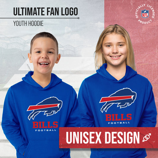Buffalo Bills Youth NFL Ultimate Fan Logo Fleece Hooded Sweatshirt -Tagless Football Pullover For Kids - Royal