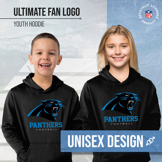 Carolina Panthers Youth NFL Ultimate Fan Logo Fleece Hooded Sweatshirt -Tagless Football Pullover For Kids - Black