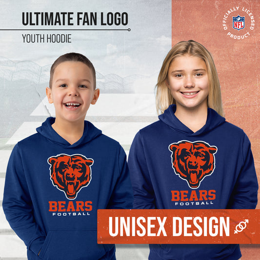 Chicago Bears Youth NFL Ultimate Fan Logo Fleece Hooded Sweatshirt -Tagless Football Pullover For Kids - Navy