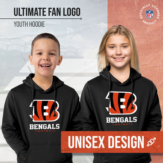 Cincinnati Bengals Youth NFL Ultimate Fan Logo Fleece Hooded Sweatshirt -Tagless Football Pullover For Kids - Black