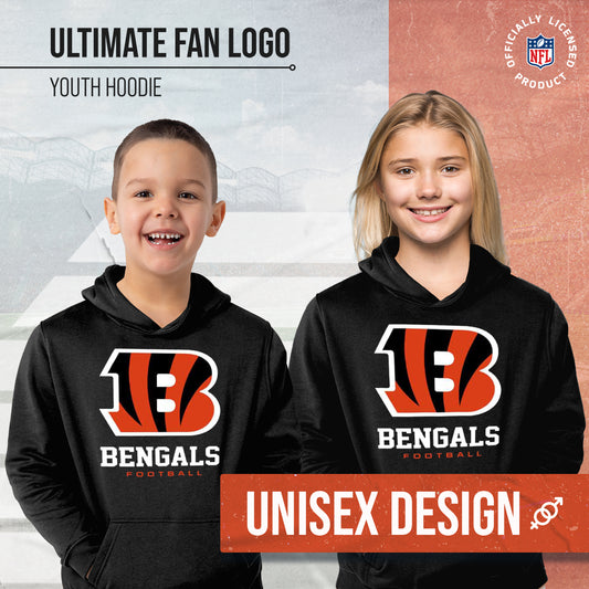 Cincinnati Bengals Youth NFL Ultimate Fan Logo Fleece Hooded Sweatshirt -Tagless Football Pullover For Kids - Black