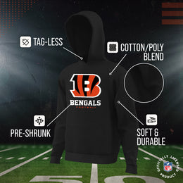 Cincinnati Bengals Youth NFL Ultimate Fan Logo Fleece Hooded Sweatshirt -Tagless Football Pullover For Kids - Black