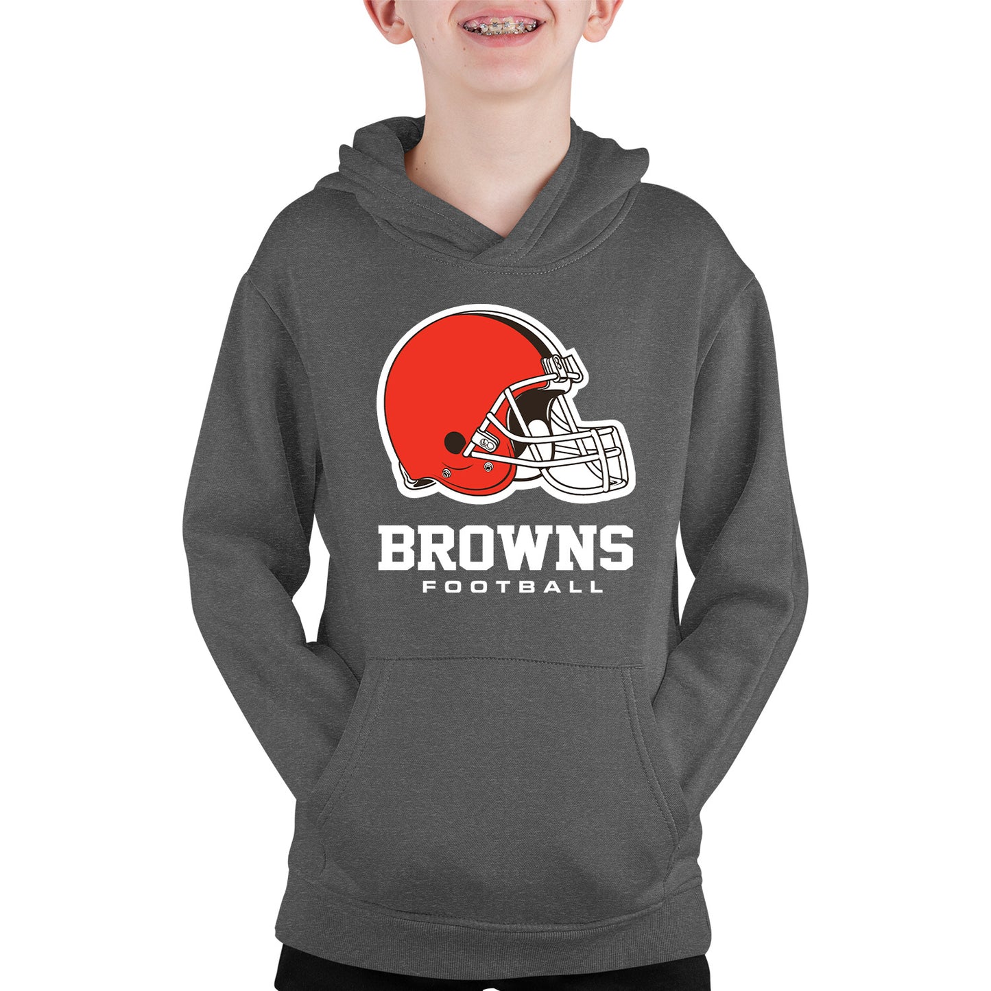 Cleveland Browns Youth NFL Ultimate Fan Logo Fleece Hooded Sweatshirt -Tagless Football Pullover For Kids - Charcoal