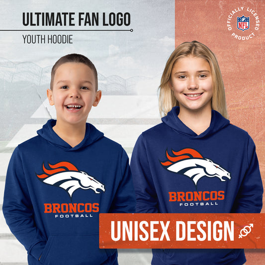 Denver Broncos Youth NFL Ultimate Fan Logo Fleece Hooded Sweatshirt -Tagless Football Pullover For Kids - Navy