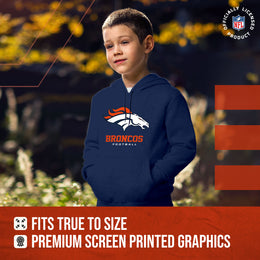 Denver Broncos Youth NFL Ultimate Fan Logo Fleece Hooded Sweatshirt -Tagless Football Pullover For Kids - Navy