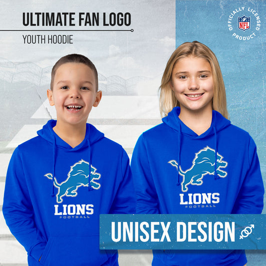Detroit Lions Youth NFL Ultimate Fan Logo Fleece Hooded Sweatshirt -Tagless Football Pullover For Kids - Royal