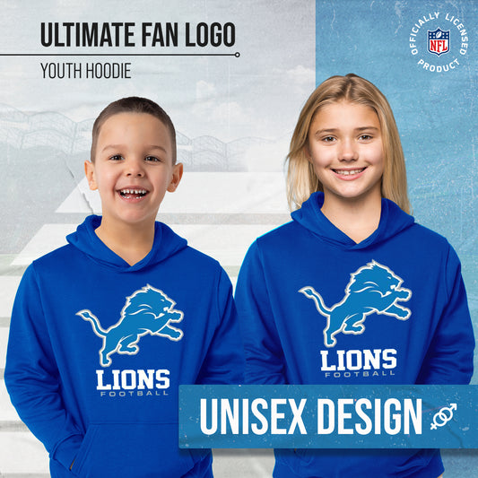 Detroit Lions Youth NFL Ultimate Fan Logo Fleece Hooded Sweatshirt -Tagless Football Pullover For Kids - Royal