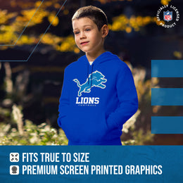 Detroit Lions Youth NFL Ultimate Fan Logo Fleece Hooded Sweatshirt -Tagless Football Pullover For Kids - Royal