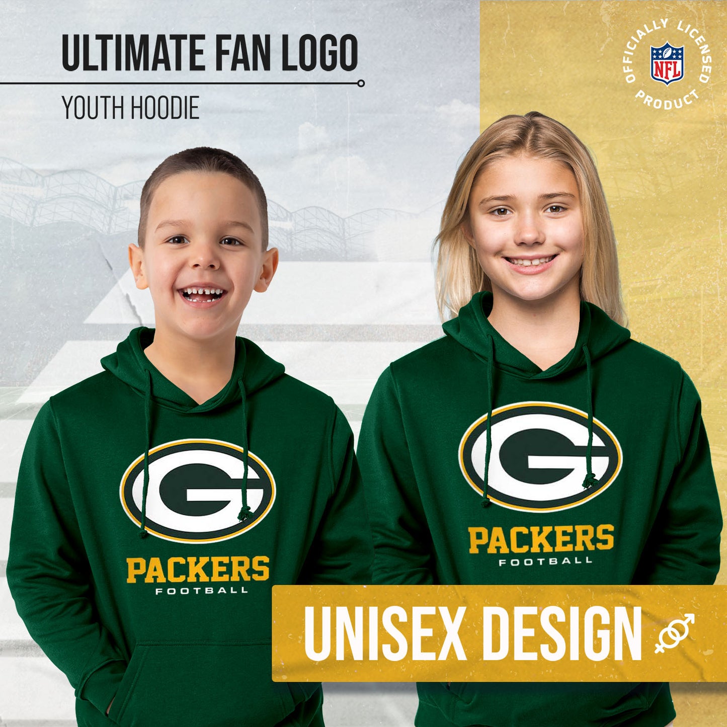 Green Bay Packers Youth NFL Ultimate Fan Logo Fleece Hooded Sweatshirt -Tagless Football Pullover For Kids - Forest Green