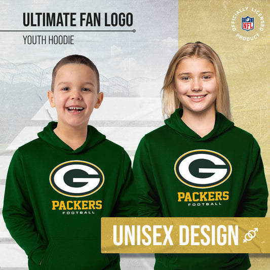 Green Bay Packers Youth NFL Ultimate Fan Logo Fleece Hooded Sweatshirt -Tagless Football Pullover For Kids - Forest Green