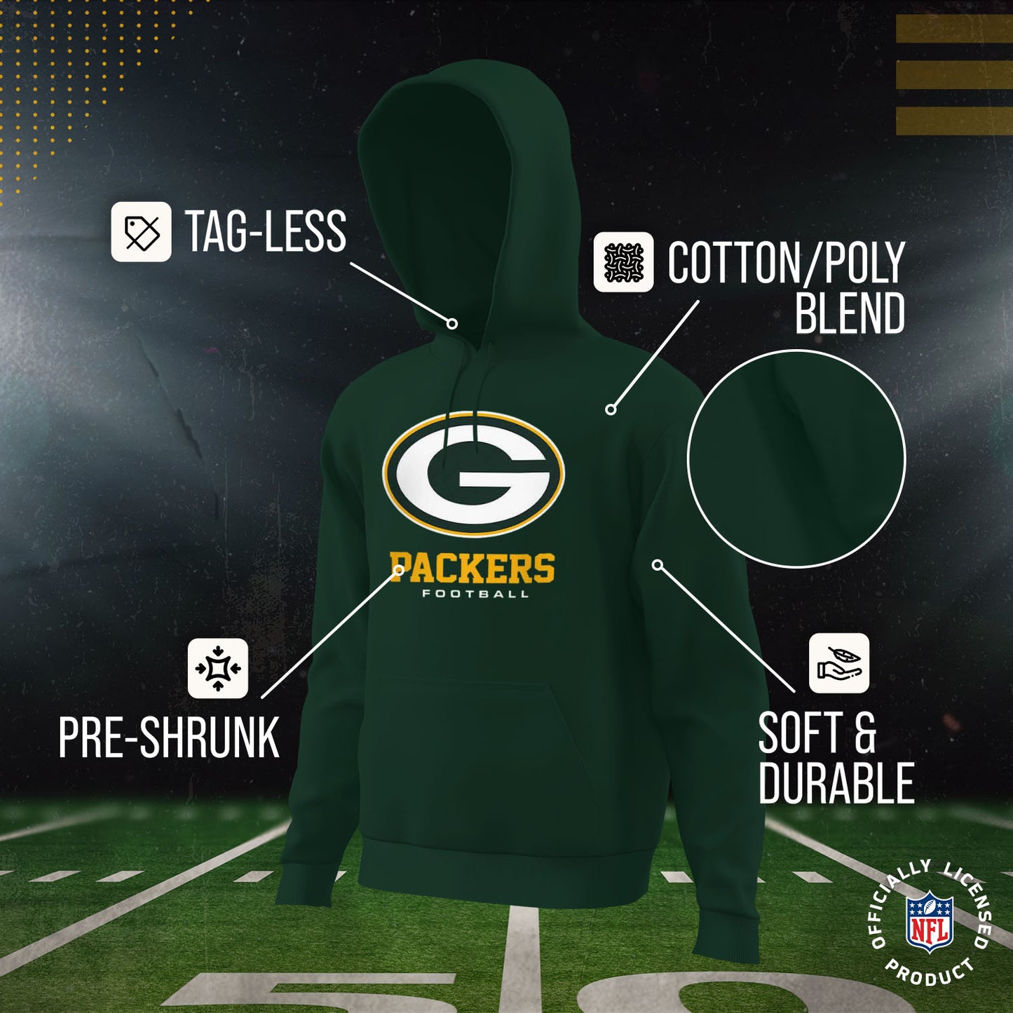 Green Bay Packers Youth NFL Ultimate Fan Logo Fleece Hooded Sweatshirt -Tagless Football Pullover For Kids - Forest Green