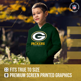 Green Bay Packers Youth NFL Ultimate Fan Logo Fleece Hooded Sweatshirt -Tagless Football Pullover For Kids - Forest Green