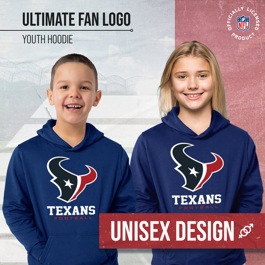Houston Texans Youth NFL Ultimate Fan Logo Fleece Hooded Sweatshirt -Tagless Football Pullover For Kids - Navy