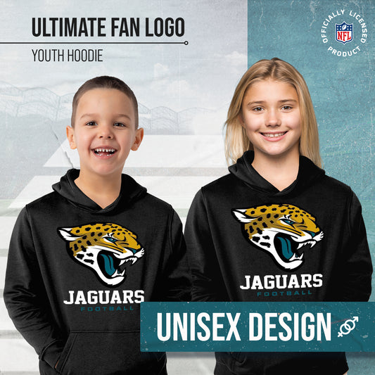 Jacksonville Jaguars Youth NFL Ultimate Fan Logo Fleece Hooded Sweatshirt -Tagless Football Pullover For Kids - Black