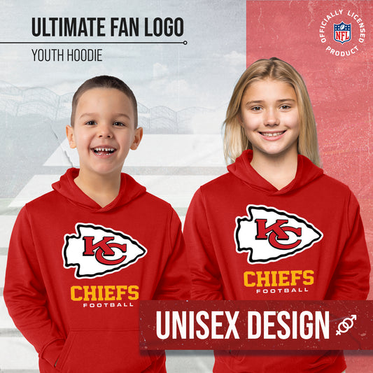 Kansas City Chiefs Youth NFL Ultimate Fan Logo Fleece Hooded Sweatshirt -Tagless Football Pullover For Kids - Red