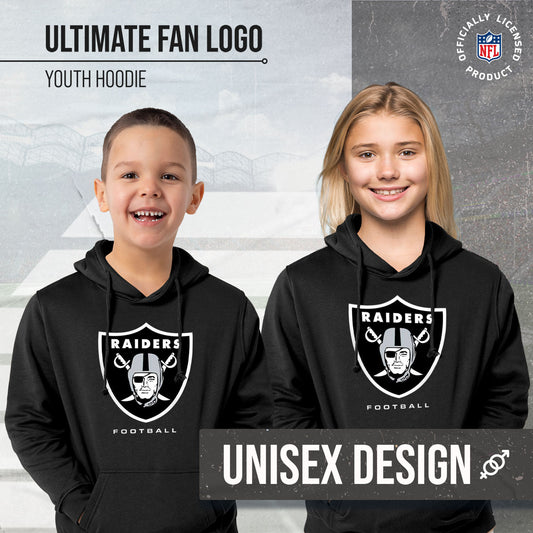 Las Vegas Raiders Youth NFL Ultimate Fan Logo Fleece Hooded Sweatshirt -Tagless Football Pullover For Kids - Black