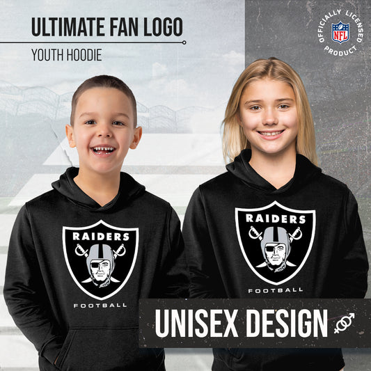Las Vegas Raiders Youth NFL Ultimate Fan Logo Fleece Hooded Sweatshirt -Tagless Football Pullover For Kids - Black