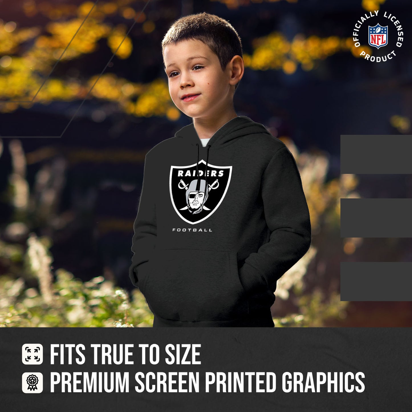 Las Vegas Raiders Youth NFL Ultimate Fan Logo Fleece Hooded Sweatshirt -Tagless Football Pullover For Kids - Black