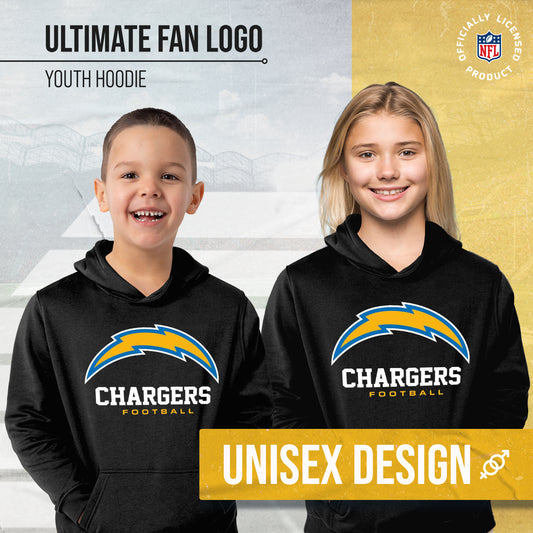 Los Angeles Chargers Youth NFL Ultimate Fan Logo Fleece Hooded Sweatshirt -Tagless Football Pullover For Kids - Black