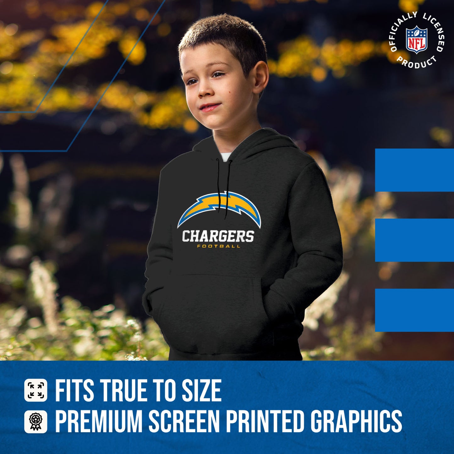 Los Angeles Chargers Youth NFL Ultimate Fan Logo Fleece Hooded Sweatshirt -Tagless Football Pullover For Kids - Black