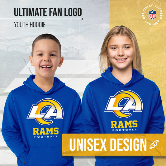 Los Angeles Rams Youth NFL Ultimate Fan Logo Fleece Hooded Sweatshirt -Tagless Football Pullover For Kids - Royal