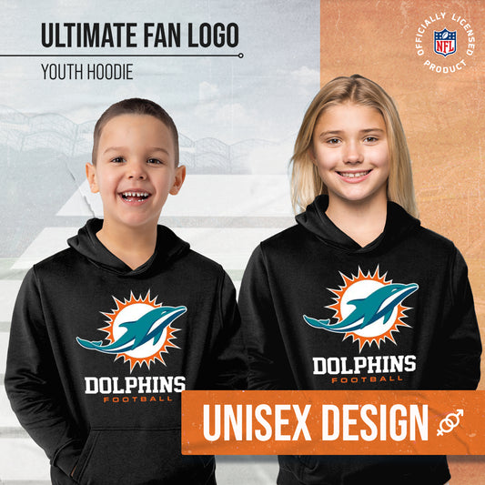Miami Dolphins Youth NFL Ultimate Fan Logo Fleece Hooded Sweatshirt -Tagless Football Pullover For Kids - Black