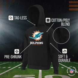 Miami Dolphins Youth NFL Ultimate Fan Logo Fleece Hooded Sweatshirt -Tagless Football Pullover For Kids - Black