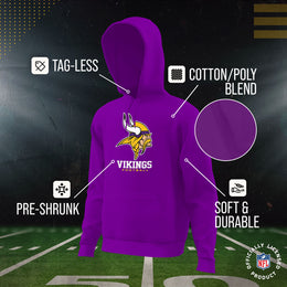 Minnesota Vikings Youth NFL Ultimate Fan Logo Fleece Hooded Sweatshirt -Tagless Football Pullover For Kids - Purple